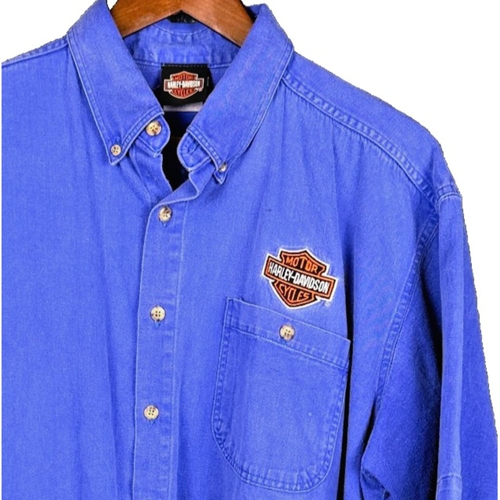 Vintage Harley Davidson Shirt Mens XL Blue Embroidered Logo Button Up USA Made